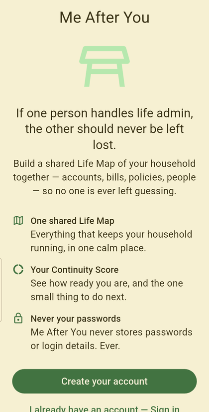 Welcome screen: 'If one person handles life admin, the other should never be left lost', with the three promises of the platform