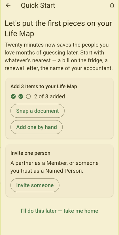 Quick Start screen with two small goals: add 3 items to your Life Map, and invite one person